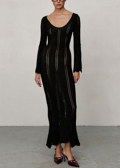 Black High Waist Solid Knit Long Dresses V Neck Spring