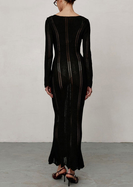 Black High Waist Solid Knit Long Dresses V Neck Spring