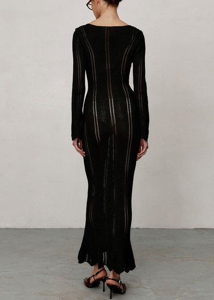 Black High Waist Solid Knit Long Dresses V Neck Spring