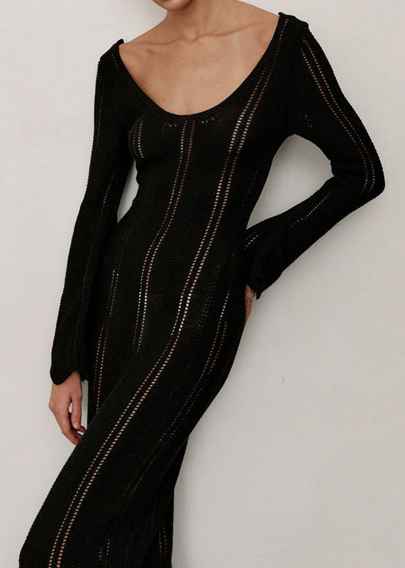 Black High Waist Solid Knit Long Dresses V Neck Spring