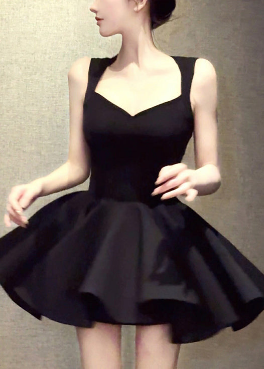 Black High Waist Solid Pleated Dress V Neck Summer