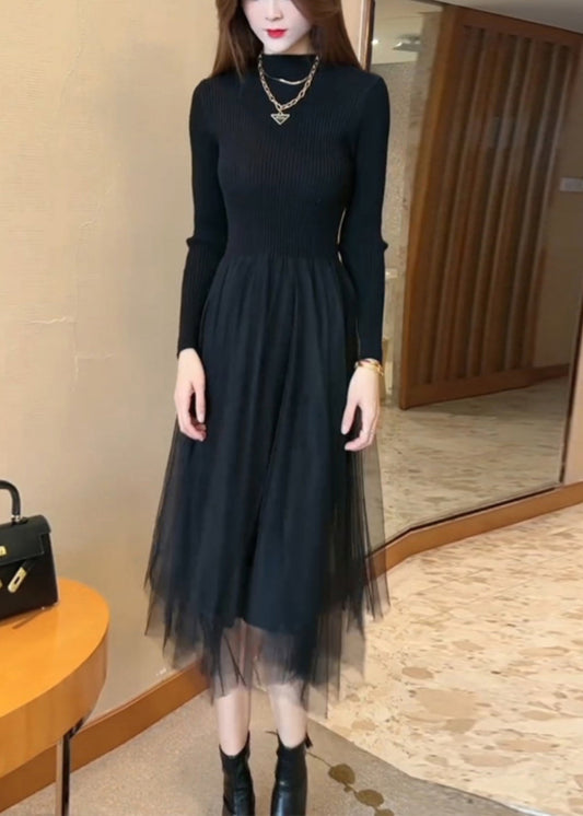 Black High Waist Tulle Patchwork Knit Long Sweater O Neck Winter