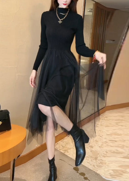 Black High Waist Tulle Patchwork Knit Long Sweater O Neck Winter