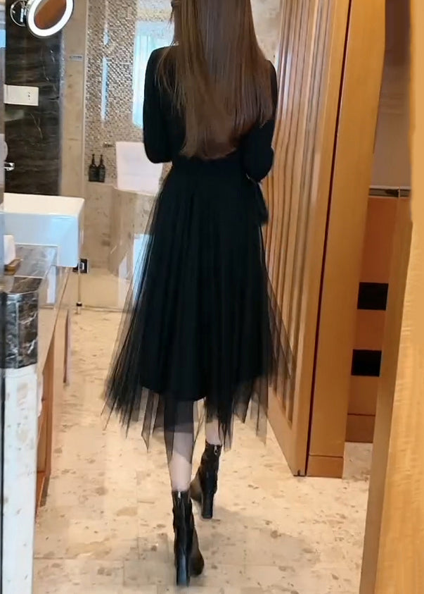 Black High Waist Tulle Patchwork Knit Long Sweater O Neck Winter