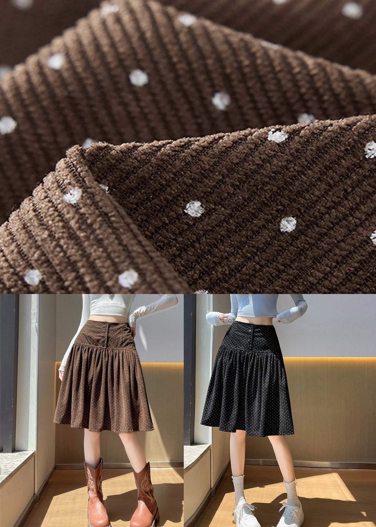 Black High Waist Wrinkled Corduroy A Line Skirt