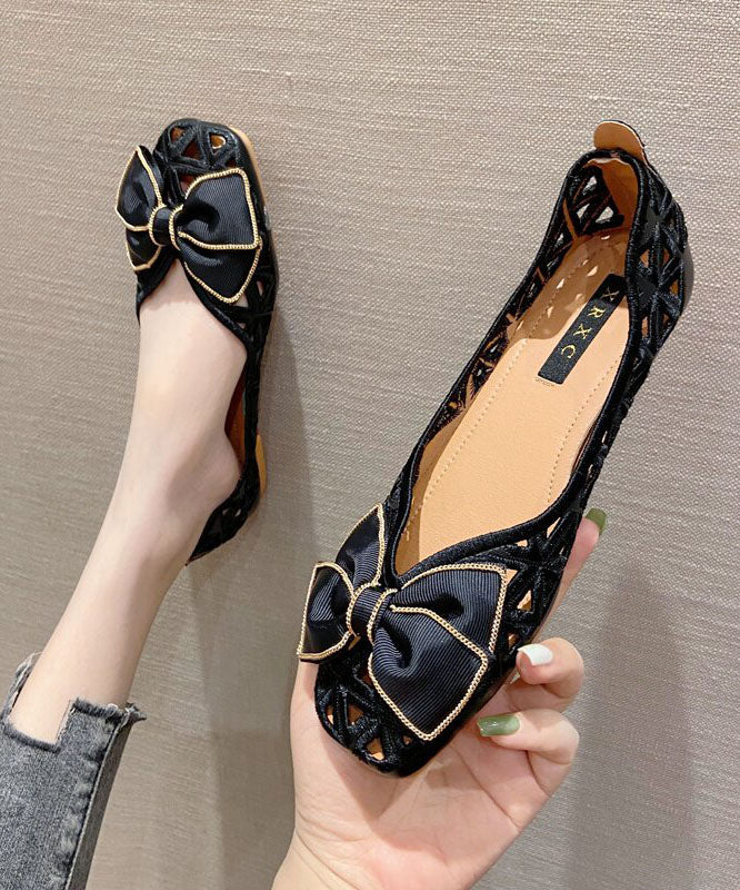 Black Hollow Out Bow Splicing Flat Shoes For Women