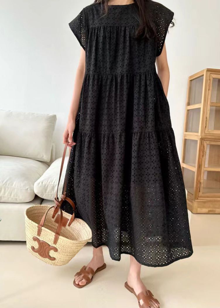 Black Hollow Out Cotton Dresses Embroidered Summer