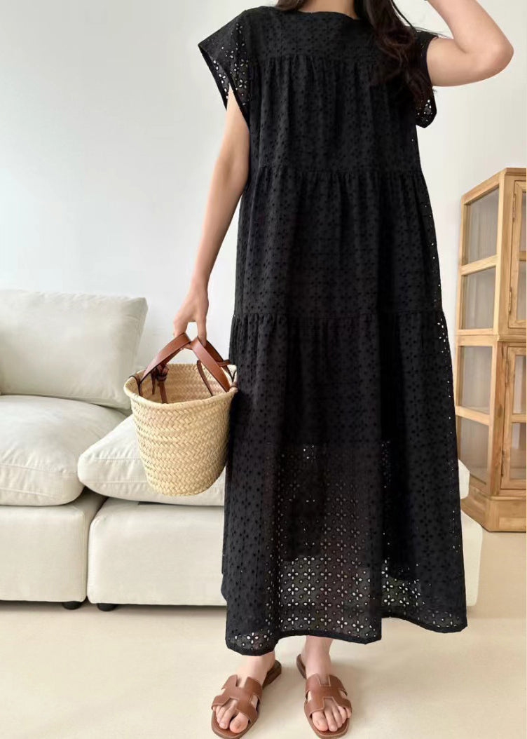 Black Hollow Out Cotton Dresses Embroidered Summer