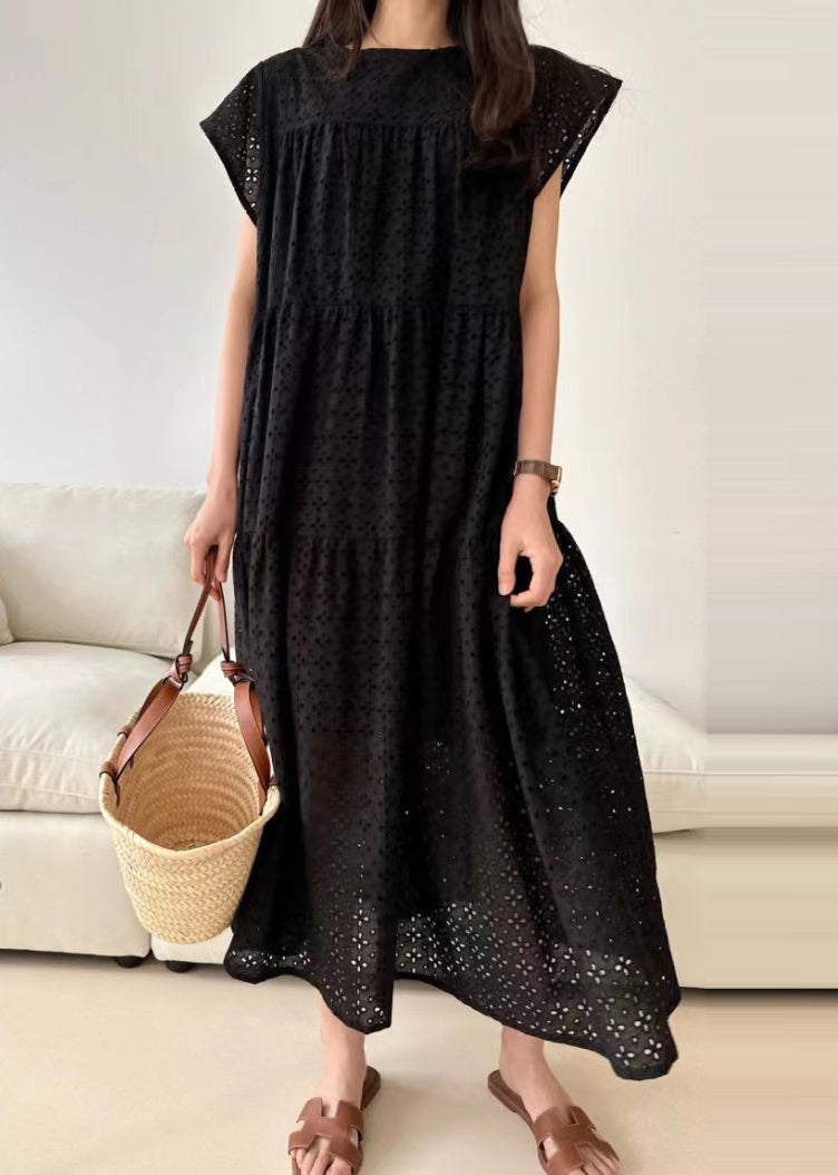 Black Hollow Out Cotton Dresses Embroidered Summer