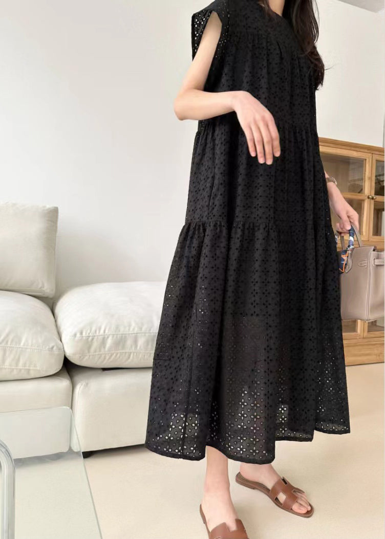 Black Hollow Out Cotton Dresses Embroidered Summer