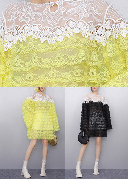 Black Hollow Out Knit Lace T Shirt Flare Sleeve