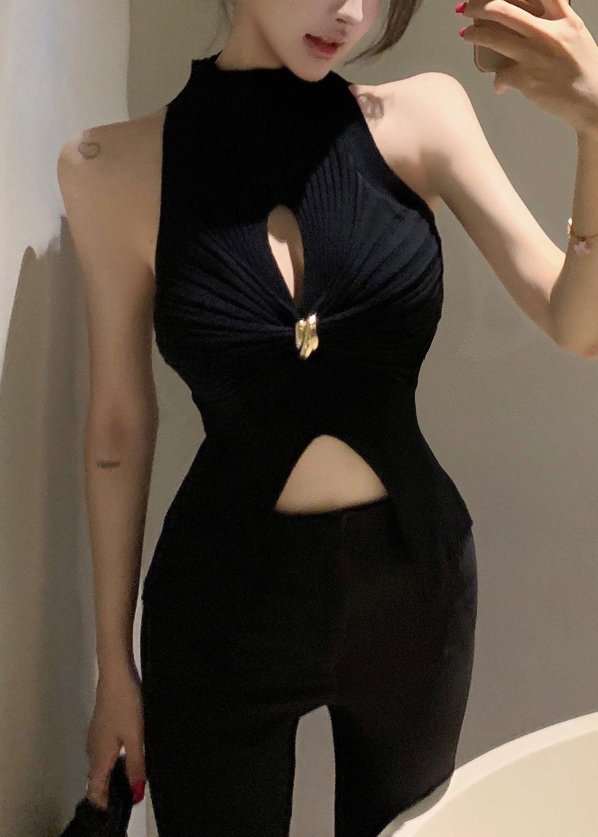 Black Hollow Out Knit Tank Turtleneck Sleeveless