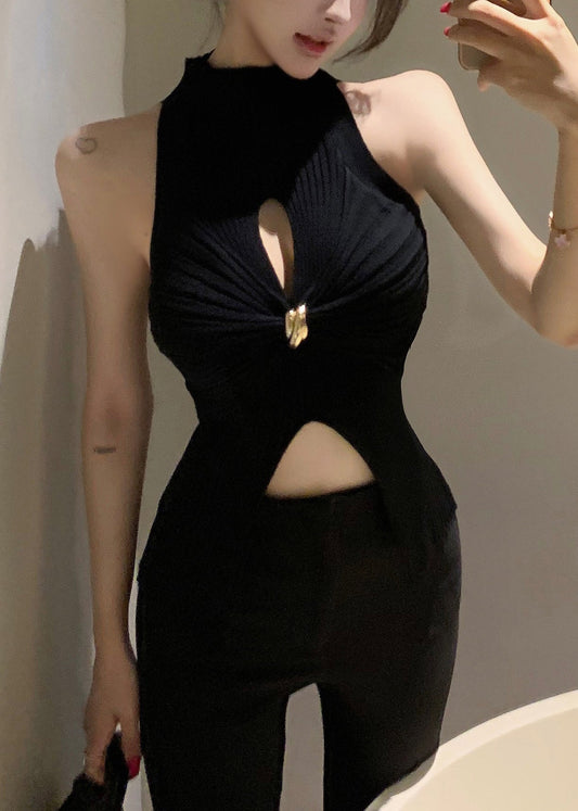 Black Hollow Out Knit Tank Turtleneck Sleeveless