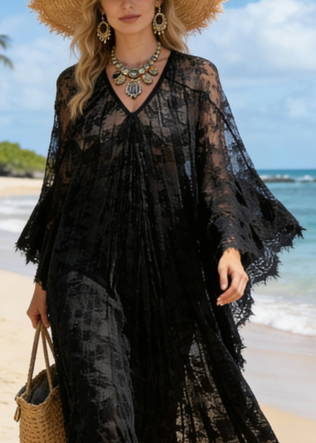 Black Hollow Out Loose Lace Maxi Dresses V Neck Summer