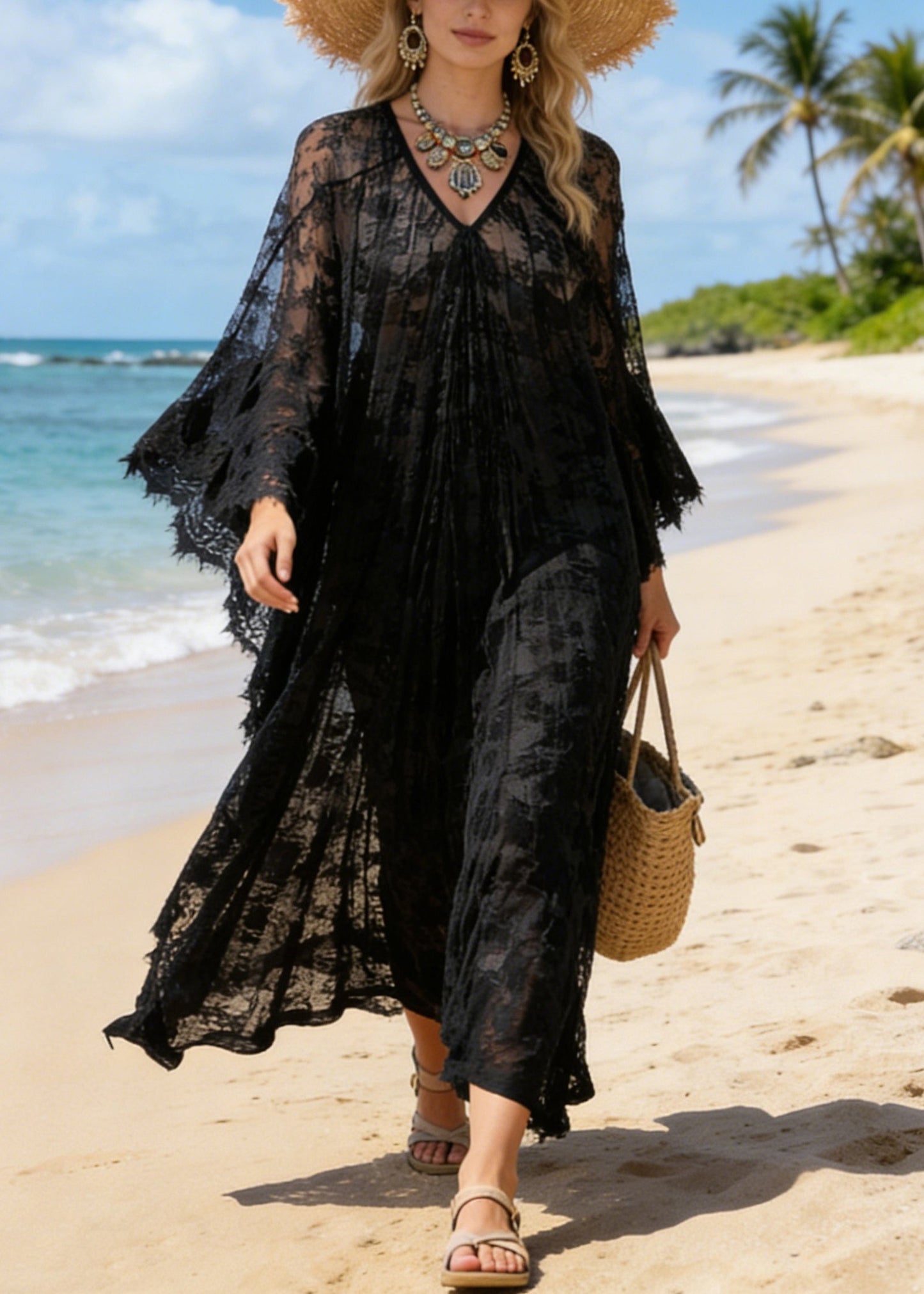 Black Hollow Out Loose Lace Maxi Dresses V Neck Summer
