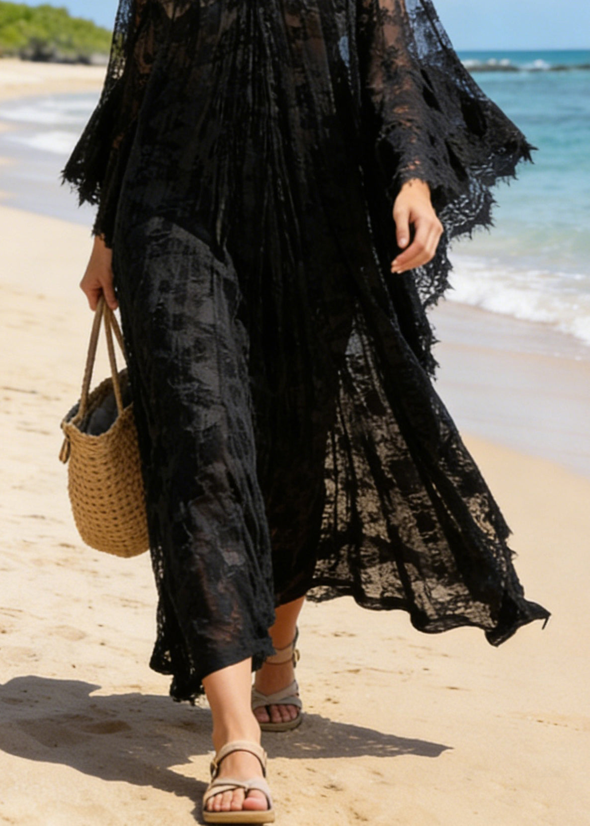 Black Hollow Out Loose Lace Maxi Dresses V Neck Summer