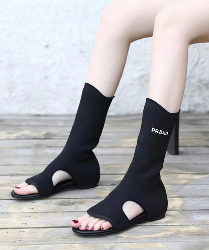 Black Hollow Out Peep Toe Boho Splicing Boots