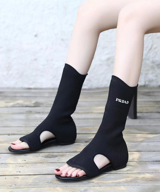 Black Hollow Out Peep Toe Boho Splicing Boots