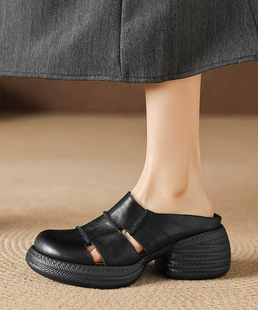 Black Hollow Out Splicing Cowhide Leather Chunky Heel Slide Sandals