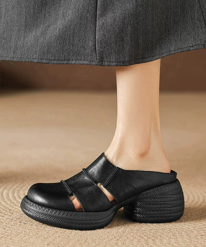 Black Hollow Out Splicing Cowhide Leather Chunky Heel Slide Sandals