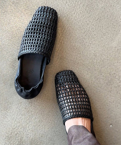 Black Hollow Out Splicing Cowhide Leather Walking Sandals