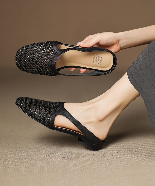Black Hollow Out Splicing Faux Leather Slide Sandals