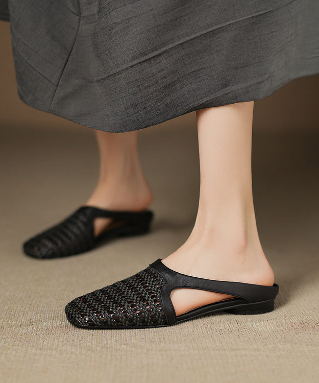Black Hollow Out Splicing Faux Leather Slide Sandals