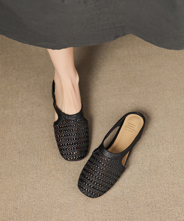 Black Hollow Out Splicing Faux Leather Slide Sandals