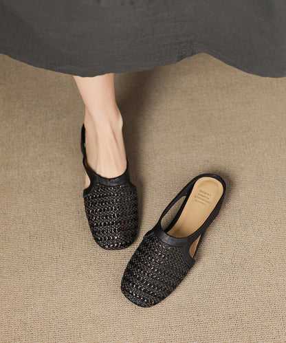 Black Hollow Out Splicing Faux Leather Slide Sandals