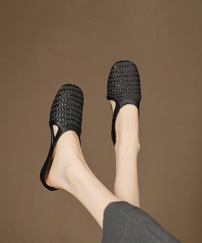 Black Hollow Out Splicing Faux Leather Slide Sandals