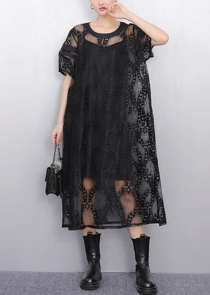 Black Hollow Out Tulle Long Dress Puff Sleeve