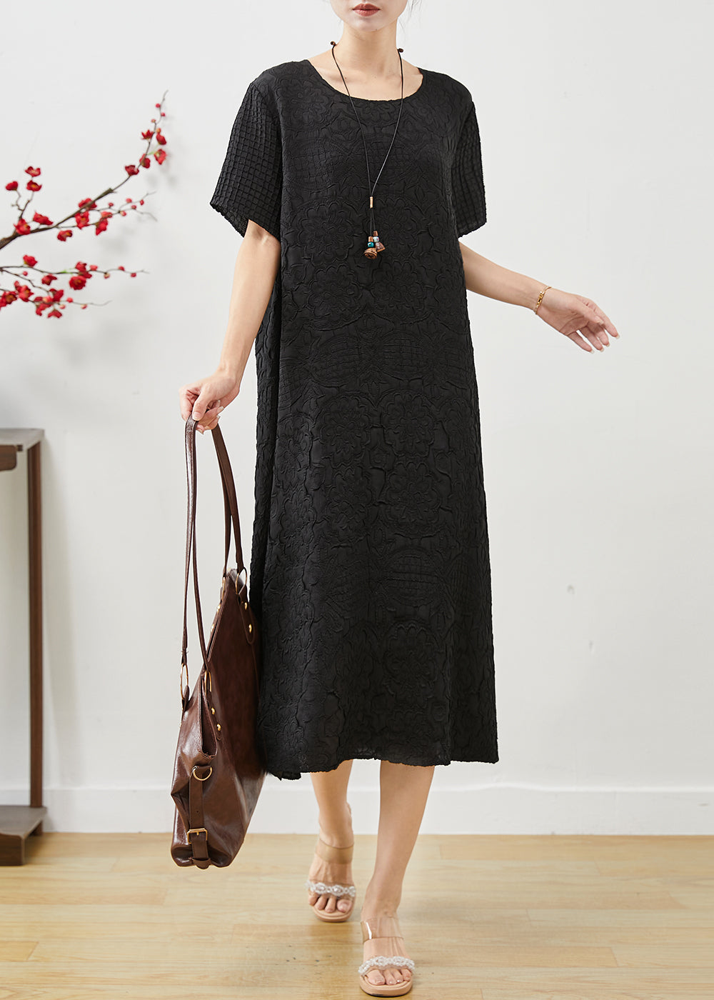 Black Jacquard Cotton Long Dress Oversized Summer