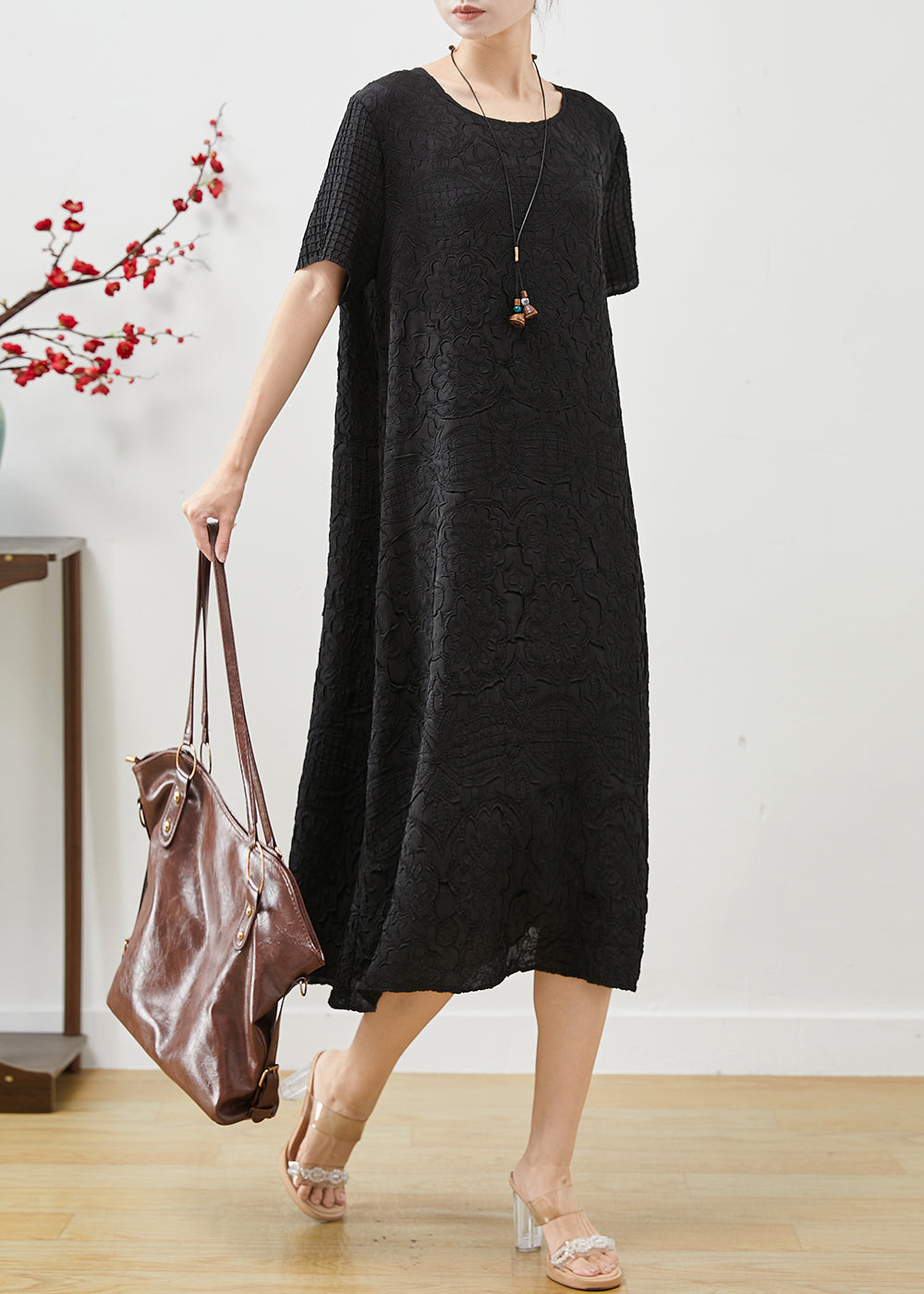 Black Jacquard Cotton Long Dress Oversized Summer