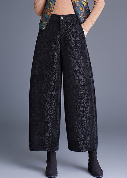 Black Jacquard Pockets Wide Leg Crop Pants High Waist Fall
