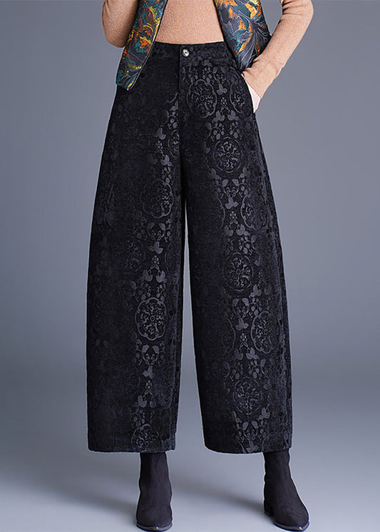 Black Jacquard Pockets Wide Leg Crop Pants High Waist Fall