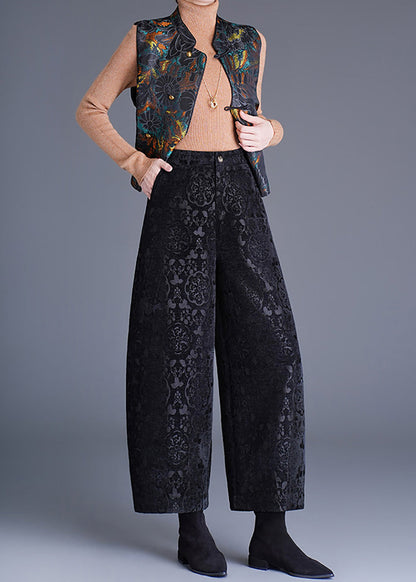 Black Jacquard Pockets Wide Leg Crop Pants High Waist Fall