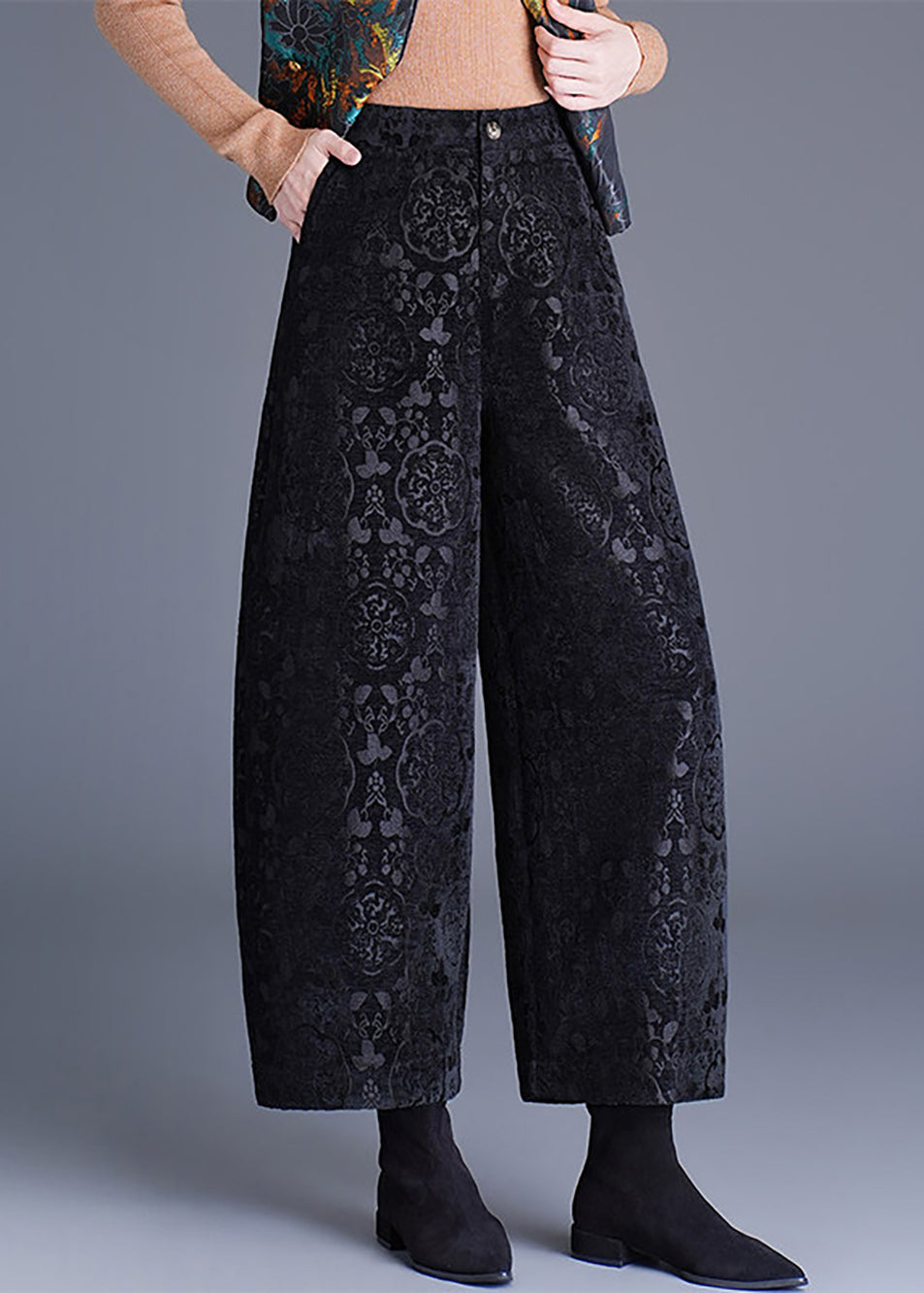 Black Jacquard Pockets Wide Leg Crop Pants High Waist Fall