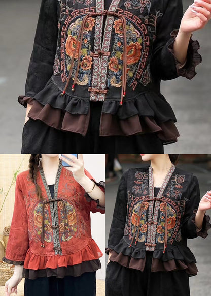 Black Jacquard Silk Shirts Embroidered Ruffles Bracelet Sleeve