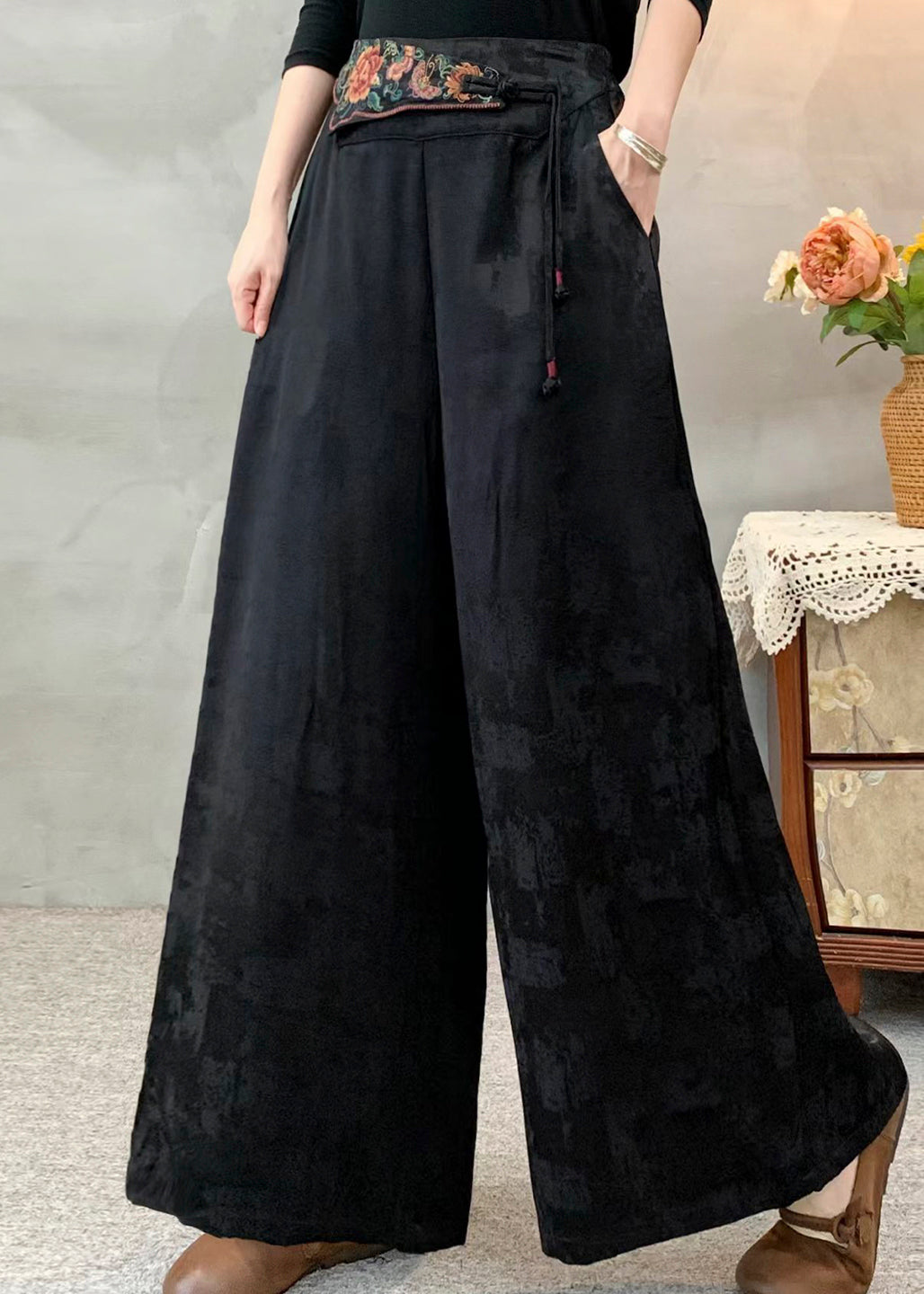 Black Jacquard Silk Straight Pants Embroidered Spring