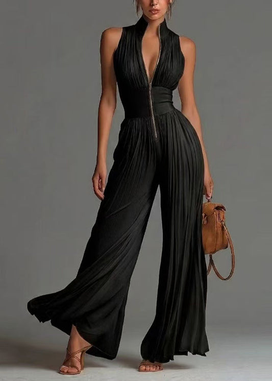 Black Jumpsuit Print Chiffon Wrinkled Zip Up Summer