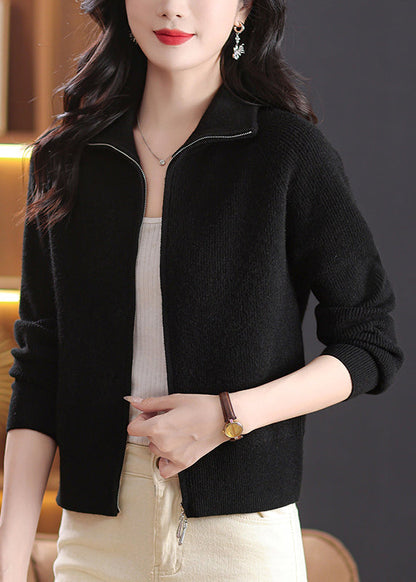 Black Knit Cardigans Peter Pan Collar Zippered Fall