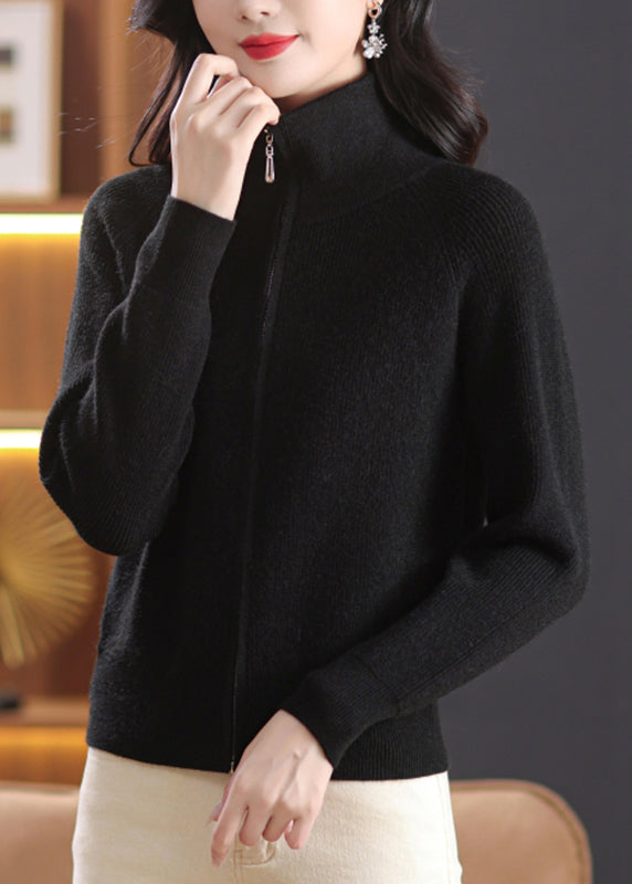 Black Knit Cardigans Peter Pan Collar Zippered Fall