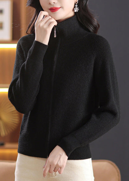 Black Knit Cardigans Peter Pan Collar Zippered Fall