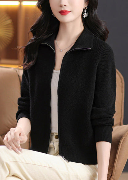 Black Knit Cardigans Peter Pan Collar Zippered Fall