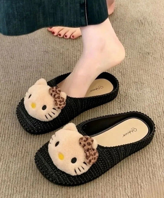 Black Knit Fabric Boutique Decorated Splicing Slide Sandals