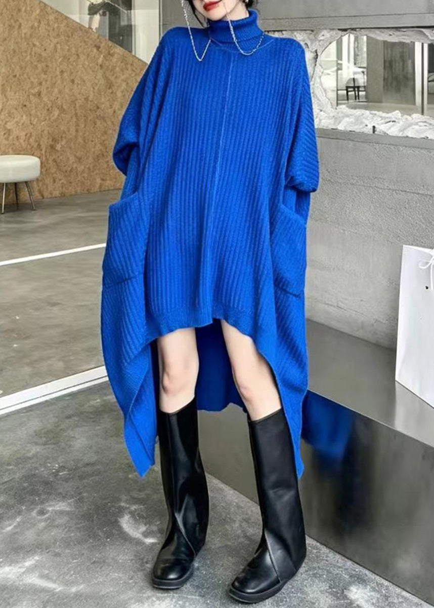 Black Knit Sweater Dress Asymmetrical Turtleneck Pockets Batwing Sleeve