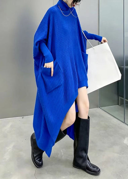 Black Knit Sweater Dress Asymmetrical Turtleneck Pockets Batwing Sleeve