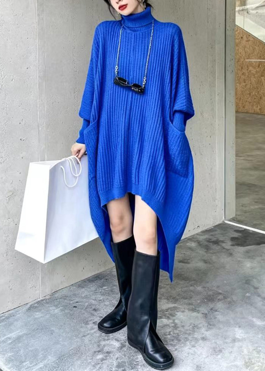 Black Knit Sweater Dress Asymmetrical Turtleneck Pockets Batwing Sleeve