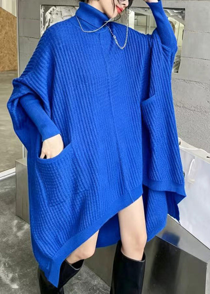 Black Knit Sweater Dress Asymmetrical Turtleneck Pockets Batwing Sleeve