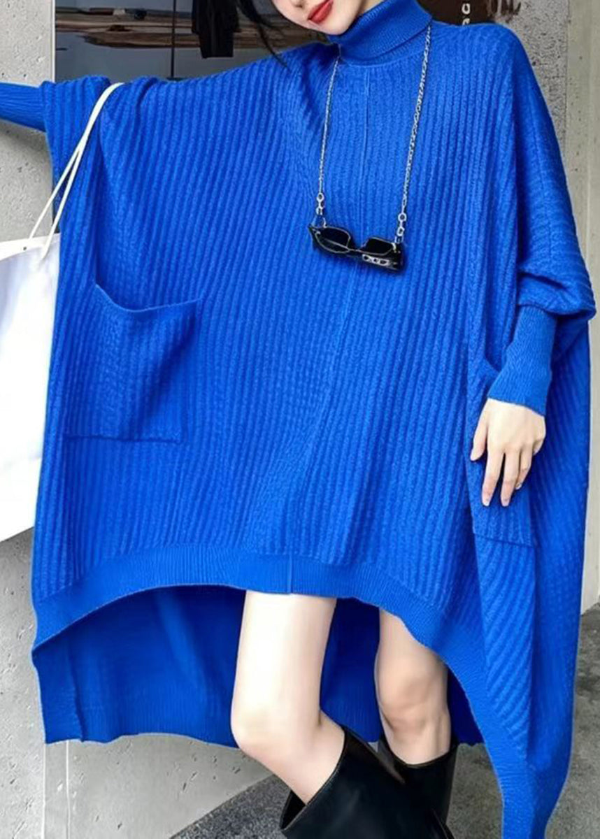 Black Knit Sweater Dress Asymmetrical Turtleneck Pockets Batwing Sleeve